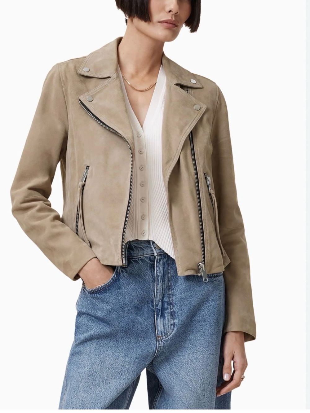 John + Jenn Taupe Faux Suede Moto Jacket - Women's Cropped Biker